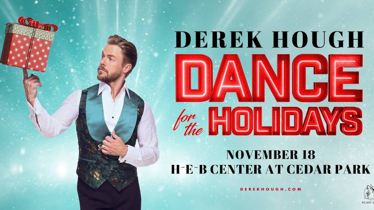 Derek Hough, Dance for the Holidays, coming November 18th, 8:00PM at the HEB Center! Picture shows Derek Hough holding a present in a fancy attire.