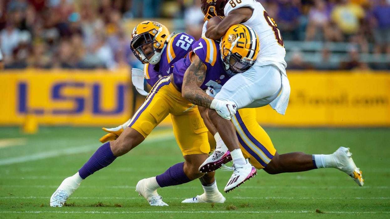 Derek Stingley Jr makes a tackle as The LSU Tigers take on Central Michigan Chippewas in Tiger Stadium.