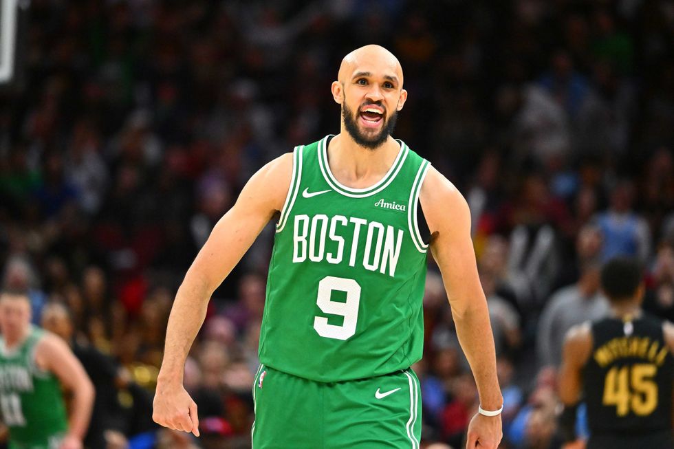 Derrick White #9 of the Boston Celtics reacts during the fourth quarter against the Cleveland Cavaliers at Rocket Mortgage Fieldhouse on February 04, 2025 in Cleveland, Ohio. The Celtics defeated the Cavaliers 112-105.
