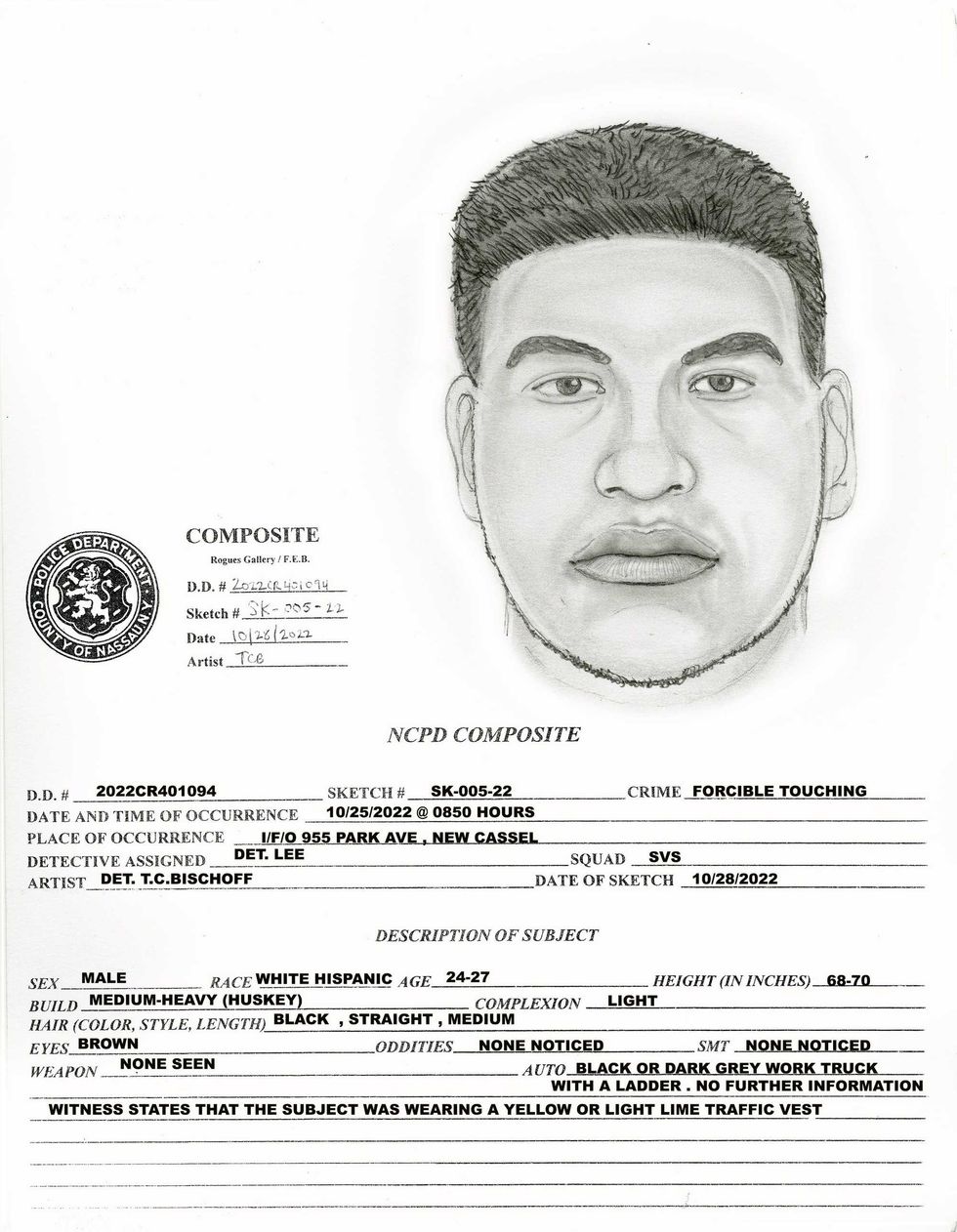 Description and sketch of suspect wanted for following and inappropriately touching 9-year-old girl on Long Island.