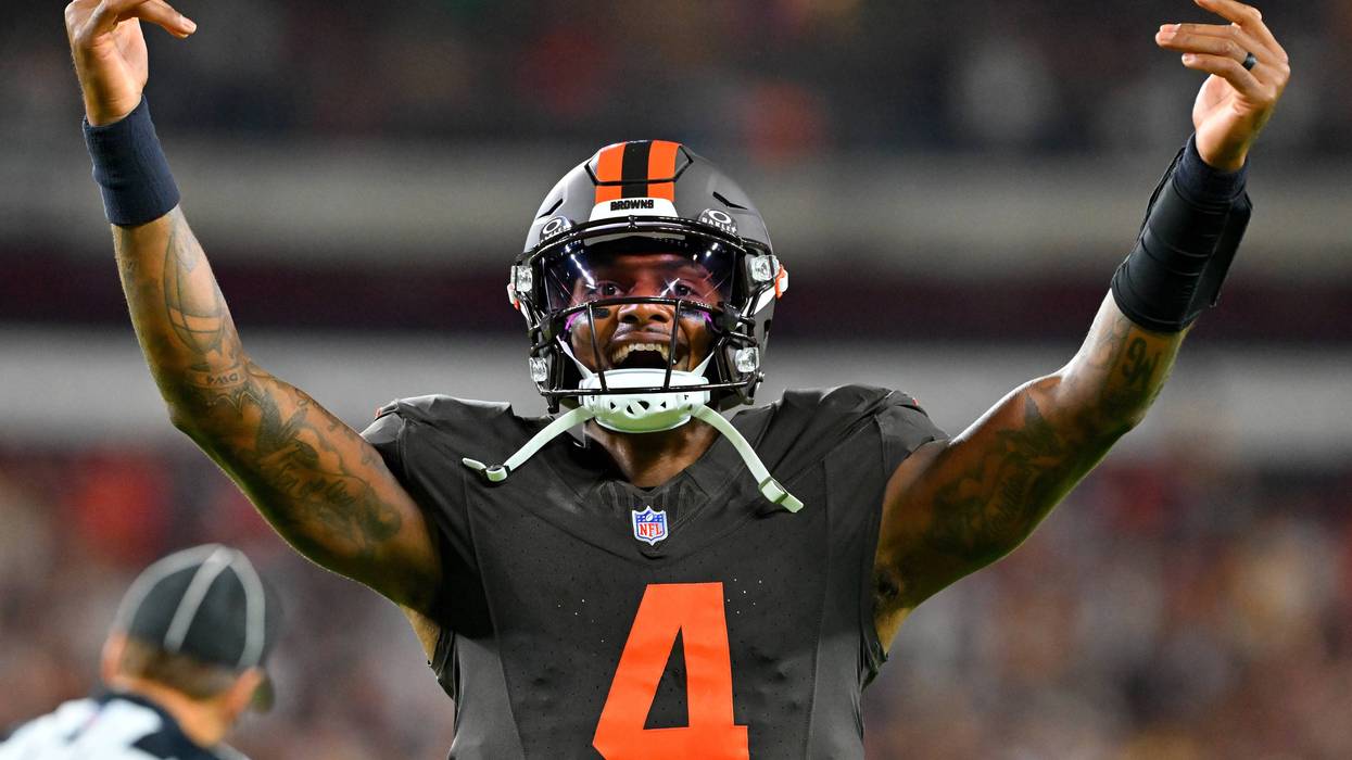 Deshaun Watson #4 of the Cleveland Browns celebrates a touchdown against the Pittsburgh Steelers during the second quarter of the game at Huntington Bank Field