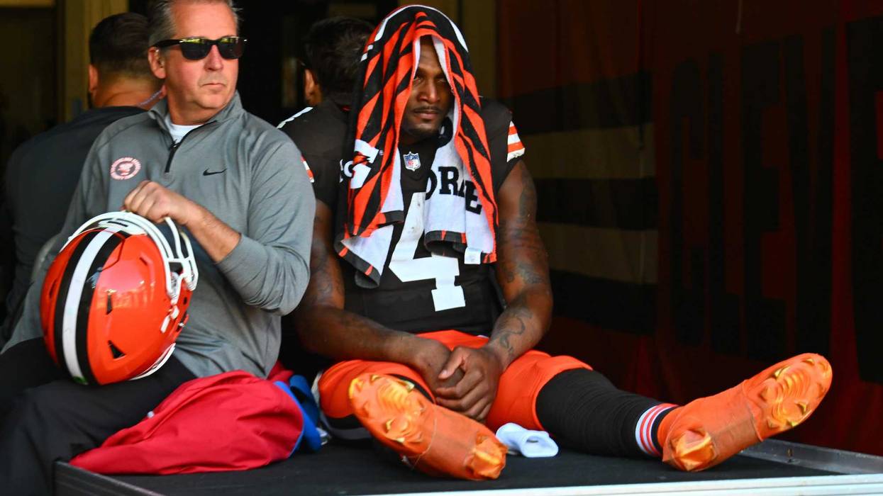 Deshaun Watson #4 of the Cleveland Browns is taken off the field on a medical cart in the second quarter of a game against the Cincinnati Bengalsat Huntington Bank Field on October 20, 2024 in Cleveland, Ohio.