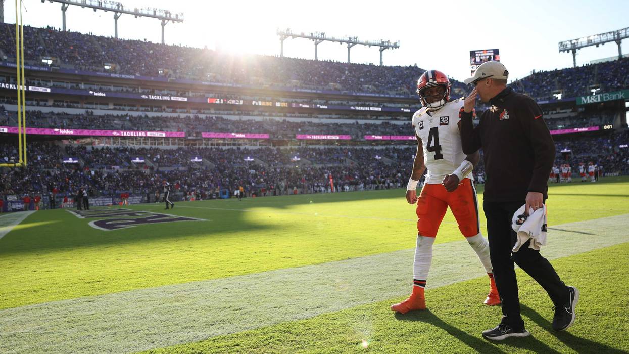 Deshaun Watson #4 of the Cleveland Browns on the sideline during the game against the Baltimore Ravens at M&T Bank Stadium on November 12, 2023 in Baltimore, Maryland.