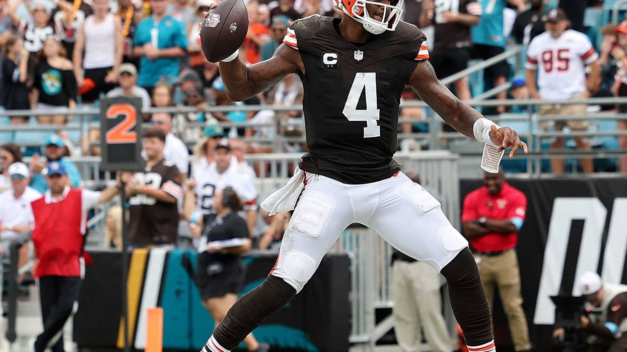 Deshaun Watson #4 of the Cleveland Browns reacts after scoring a touchdown during the first quarter at TrEver Bank Stadium on September 15, 2024 in Jacksonville, Florida.