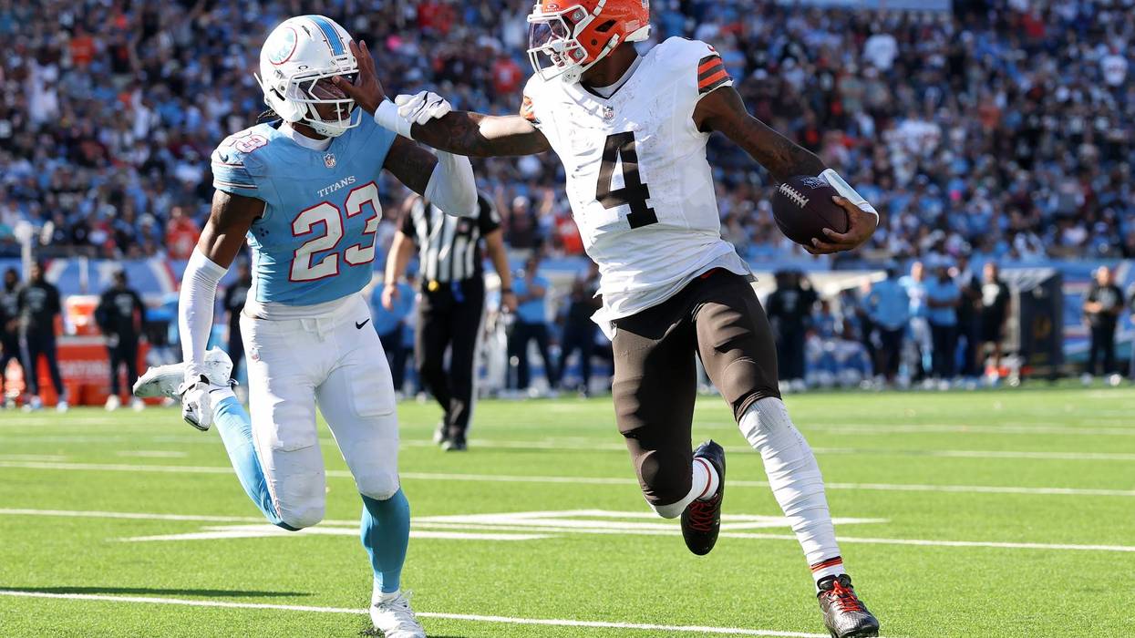Deshaun Watson #4 of the Cleveland Browns runs the ball for a touchdown against Kevin Winston Jr. #23 of the Tennessee Titans during the fourth quarter at Nissan Stadium