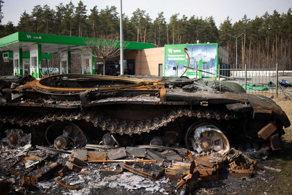 Destroyed Russian tank in Stoyanka, near Kiev, on March 31, 2022
