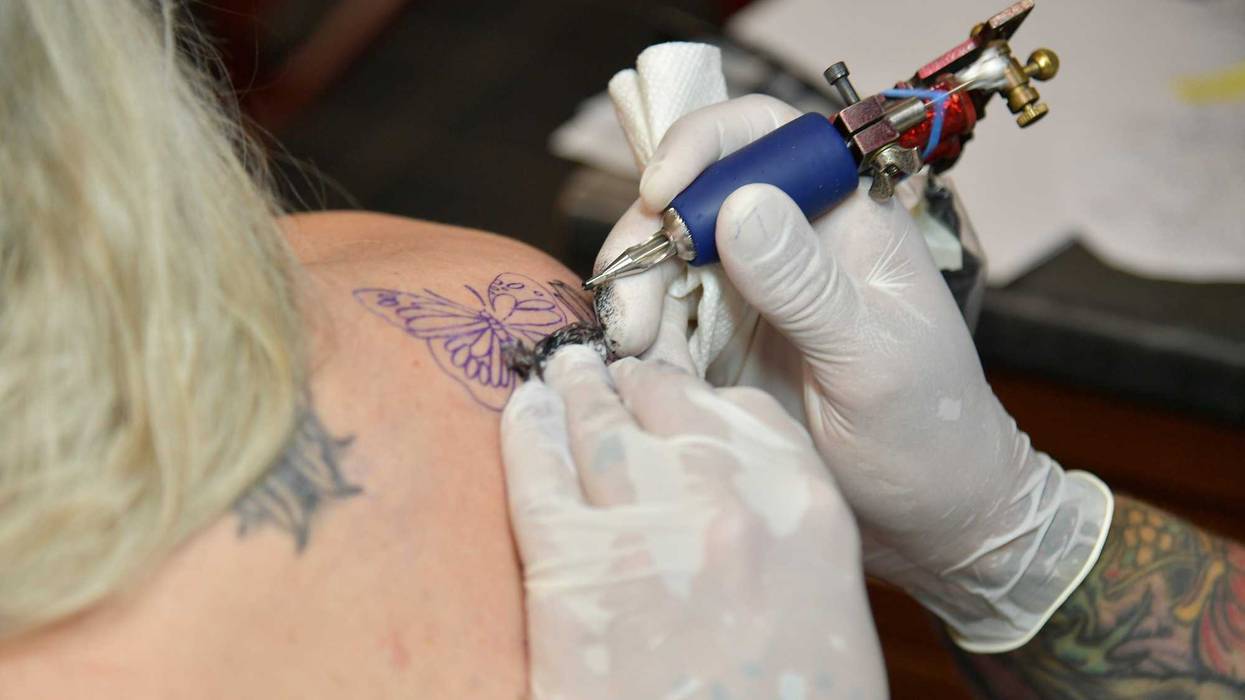 Detail of a customer getting a tattoo during the reopening of Slingin' Ink Tattoo Parlor on June 22, 2020 in Point Pleasant, New Jersey.
