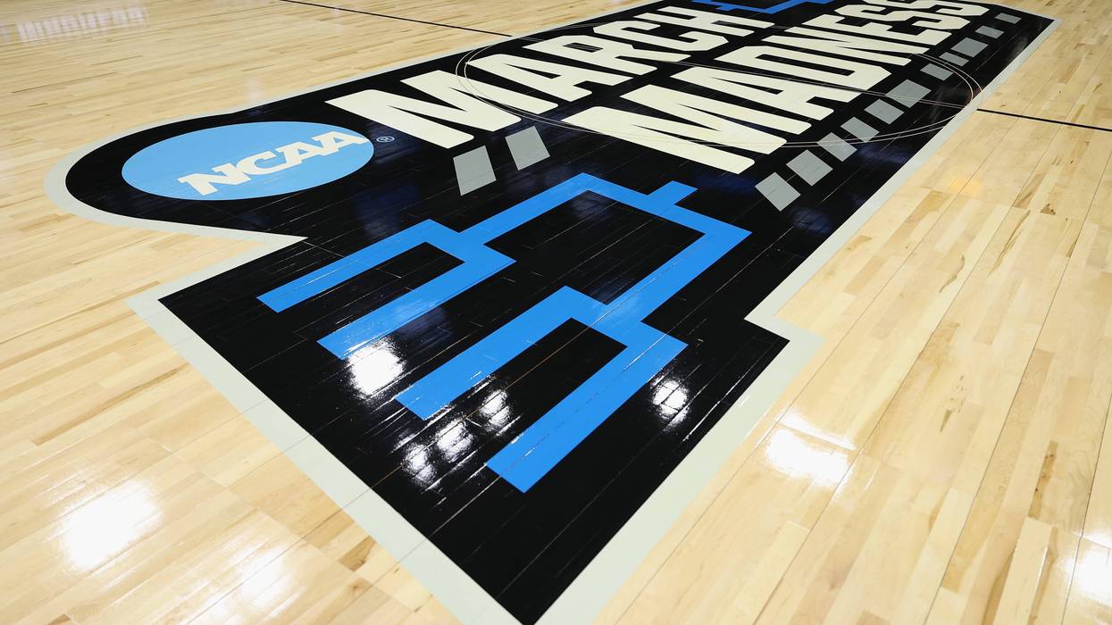 Detail of the March Madness logo on the court ahead of the NCAA Men's Basketball Tournament at Delta Center on March 20, 2024, in Salt Lake City.