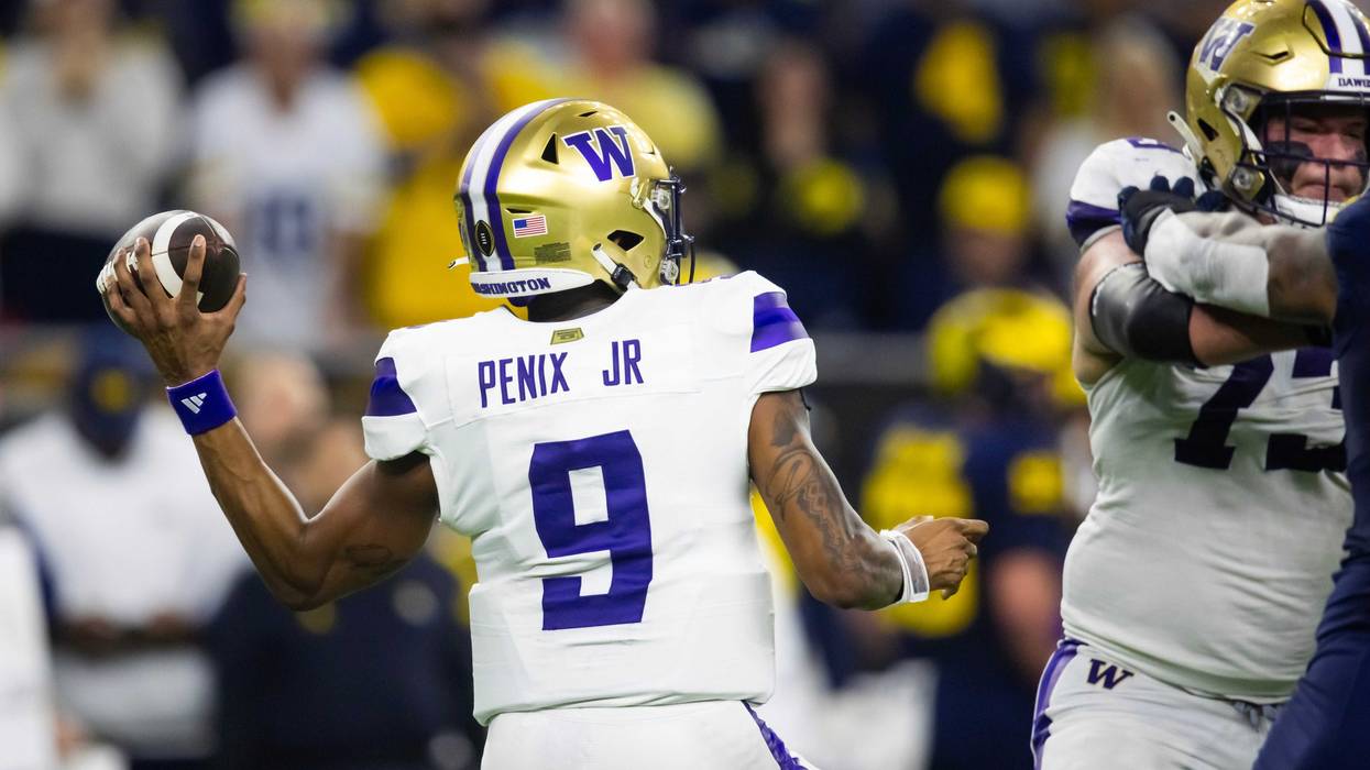 Detailed view of the jersey of Washington Huskies quarterback Michael Penix Jr. (9) against the Michigan Wolverines during the 2024 College Football Playoff national championship game at NRG Stadium.