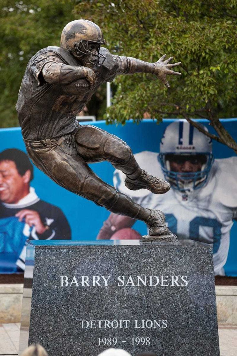 Detroit Lions unveil the Barry Sanders to honor him outside of Ford Field in Detroit on Saturday, Sept. 16, 2023.