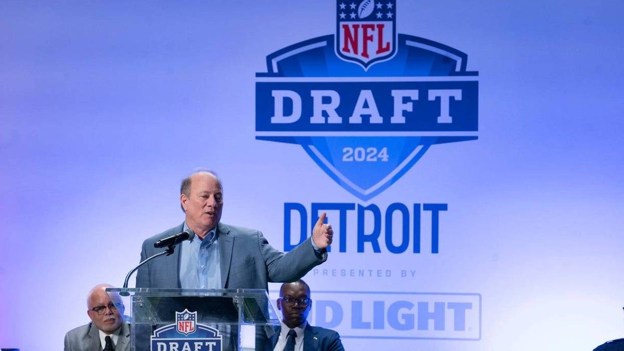Detroit Mayor Mike Duggan takes the stage as Detroit Sports Commission and Visit Detroit during a press conference at Ford Field on Monday, Nov. 27, 2023. Today marks 150 days until the 2024 NFL Draft that will take place in Detroit April 25-27, 2024.