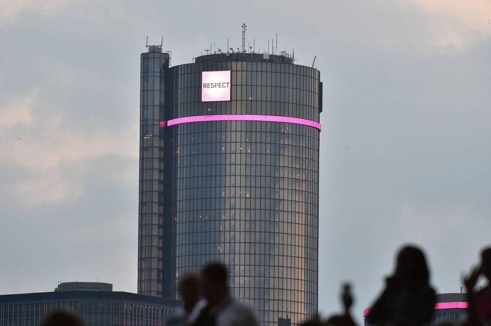 DETROIT, MI - AUGUST 30: The Renaissance Center as seen from Chene Park in Detroit displays RESPECT to celebrate the life of songstress Aretha Franklin on August 30, 2018 in Detroit, Michigan. (Photo by Aaron J. Thornton/Getty Images)