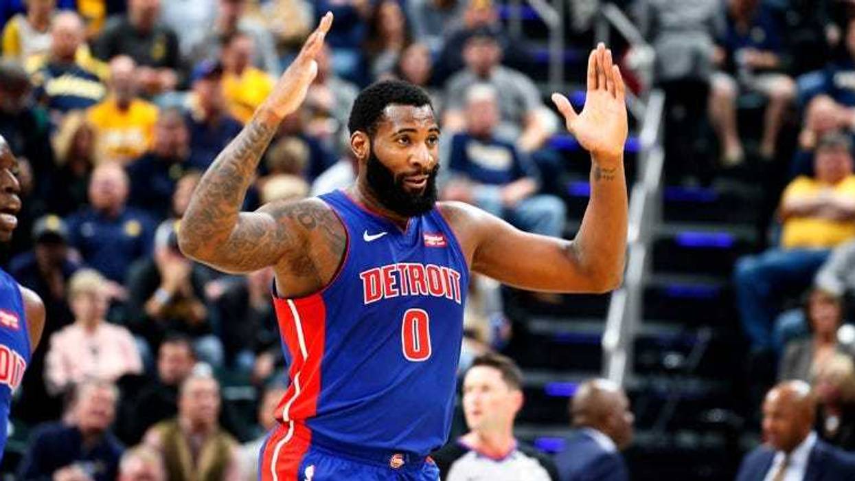 Detroit Pistons center Andre Drummond reacts in a game against the Indiana Pacers on Oct. 23, 2019, at Bankers Life Fieldhouse in Indianapolis.