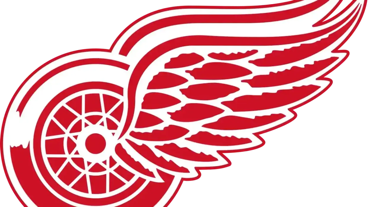 Detroit Red Wings logo: a red and white spoked wheel with a stylized wing.