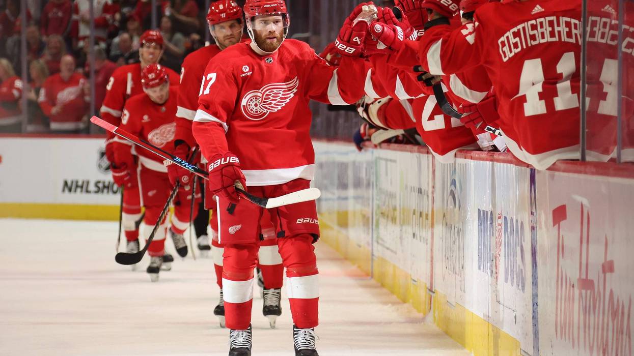Detroit Red Wings players celebrate goal