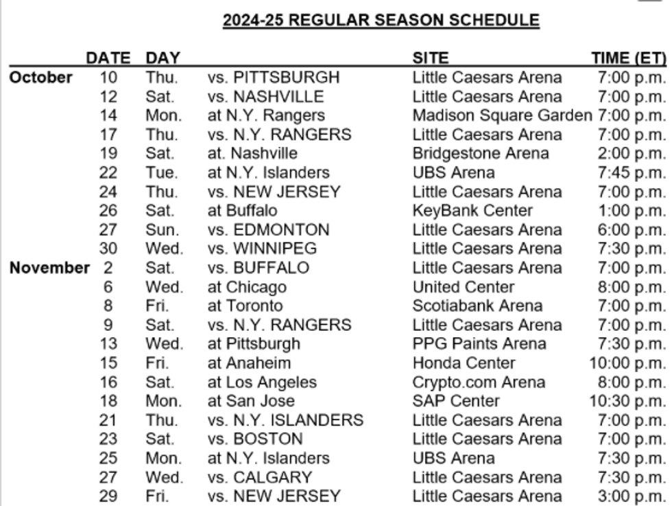 Detroit Red Wings schedule
