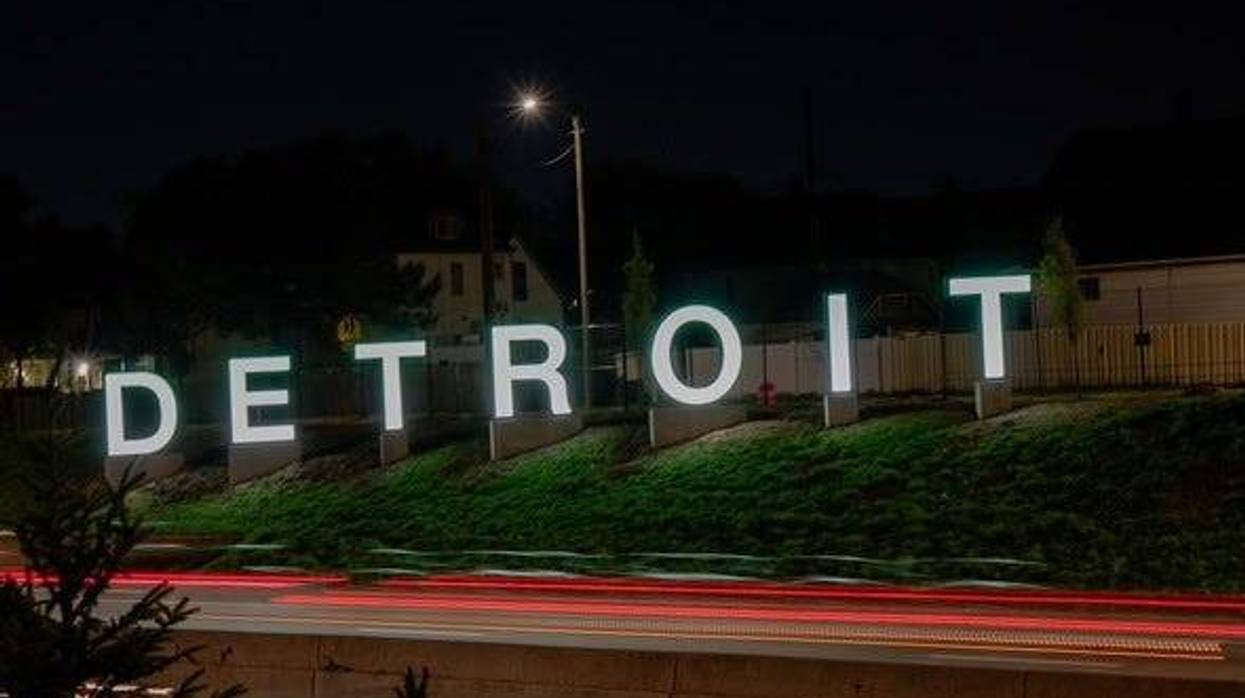 Detroit sign lit up Monday night