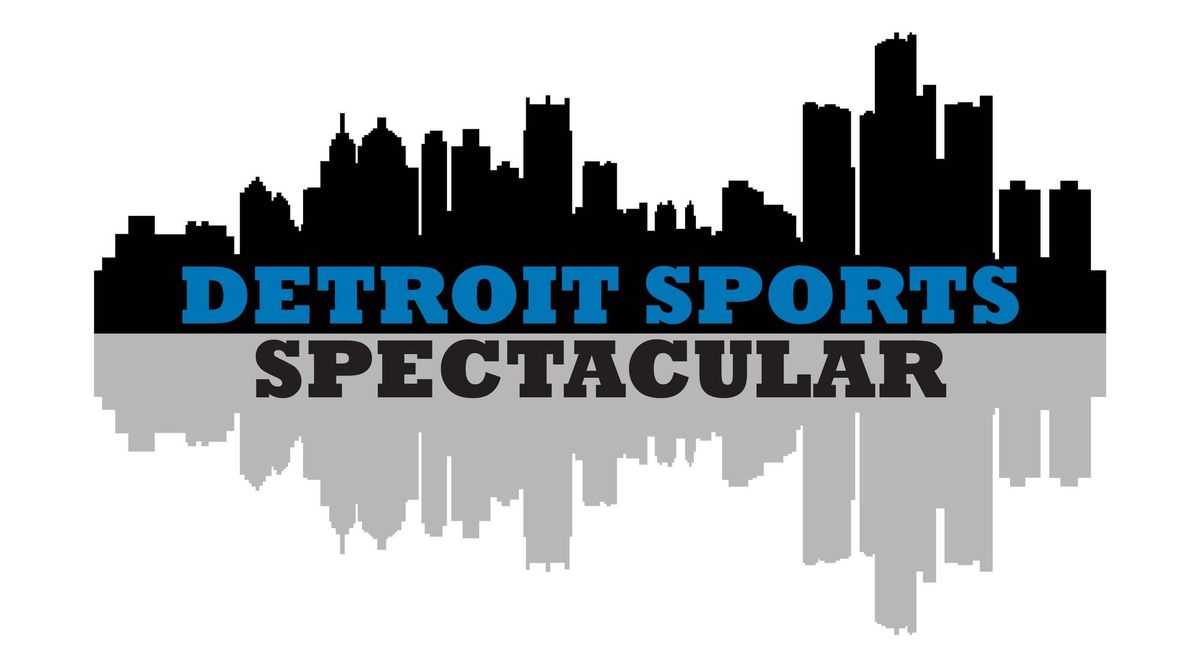 Detroit Sports Spectacular logo, blue and gray text over a black city skyline and its reflection.
