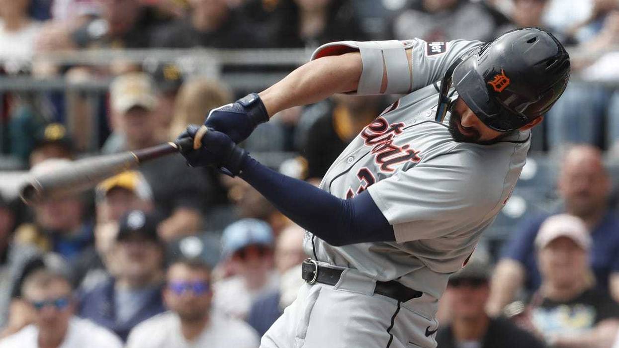 Detroit Tigers left fielder Riley Greene (31) hits a single against the Pittsburgh Pirates during the first inning