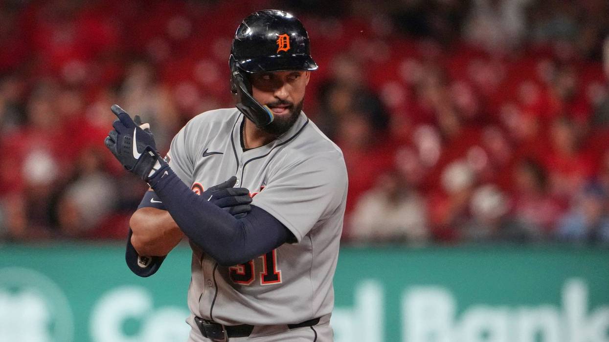 Detroit Tigers' Riley Greene celebrates after hitting an RBI double during the ninth inning of a baseball game against the St. Louis Cardinals Tuesday, May 20, 2025, in St. Louis.