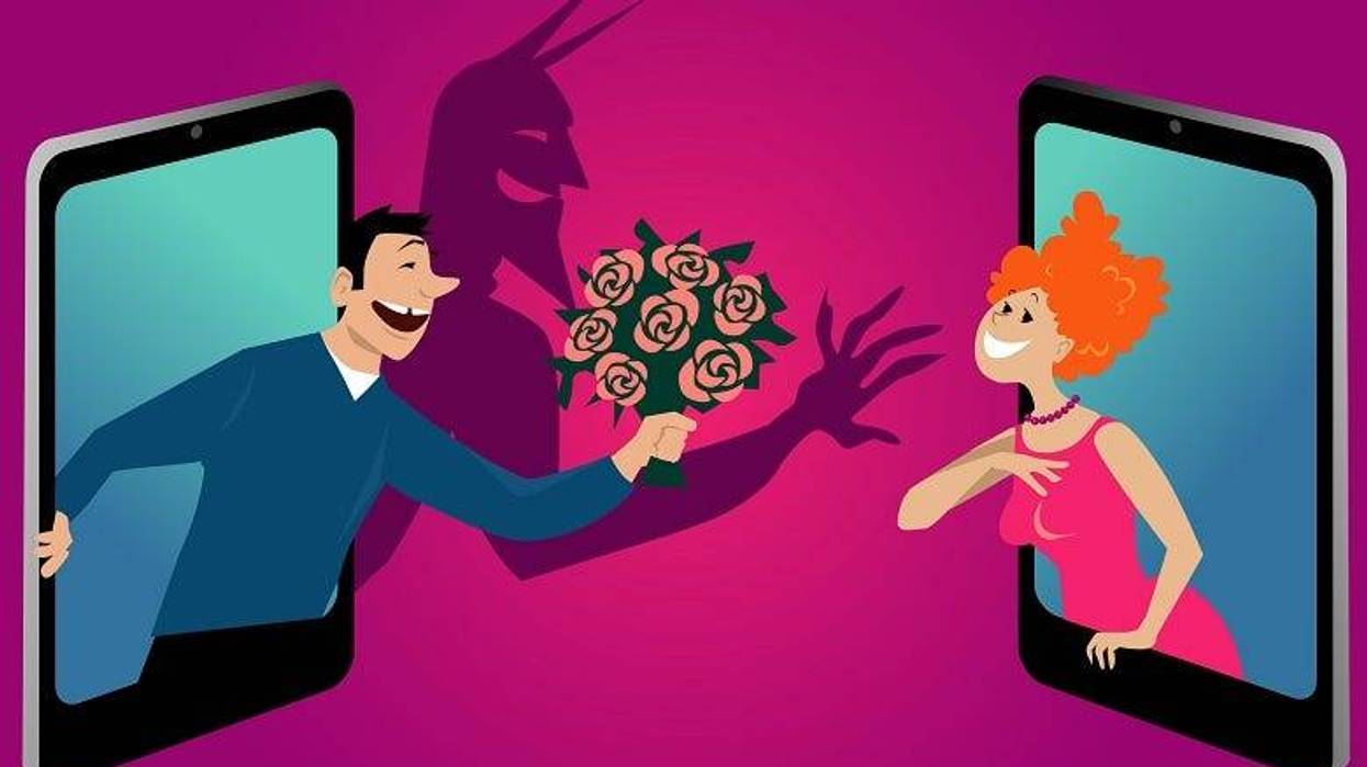 Devil in disguise reaching out to woman in her phone