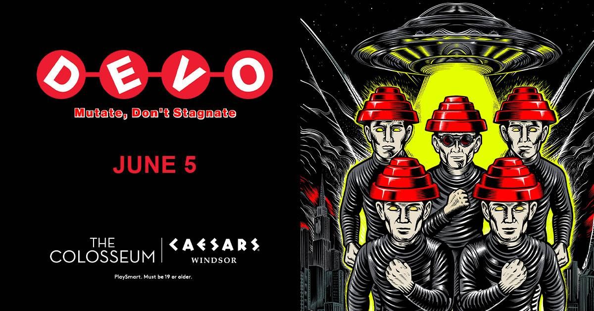 DEVO concert poster: Band in red hats, UFO, June 5 at The Colosseum, Caesars Windsor.