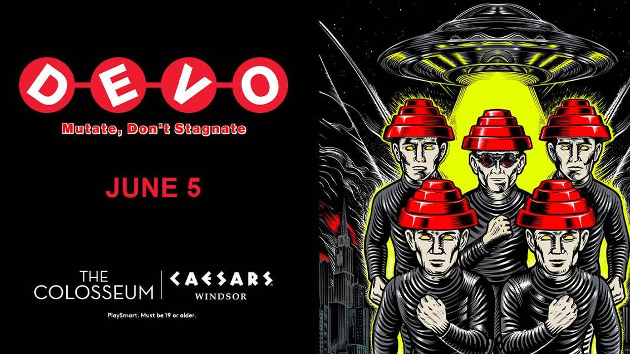DEVO concert poster: Band in red hats, UFO, June 5 at The Colosseum, Caesars Windsor.