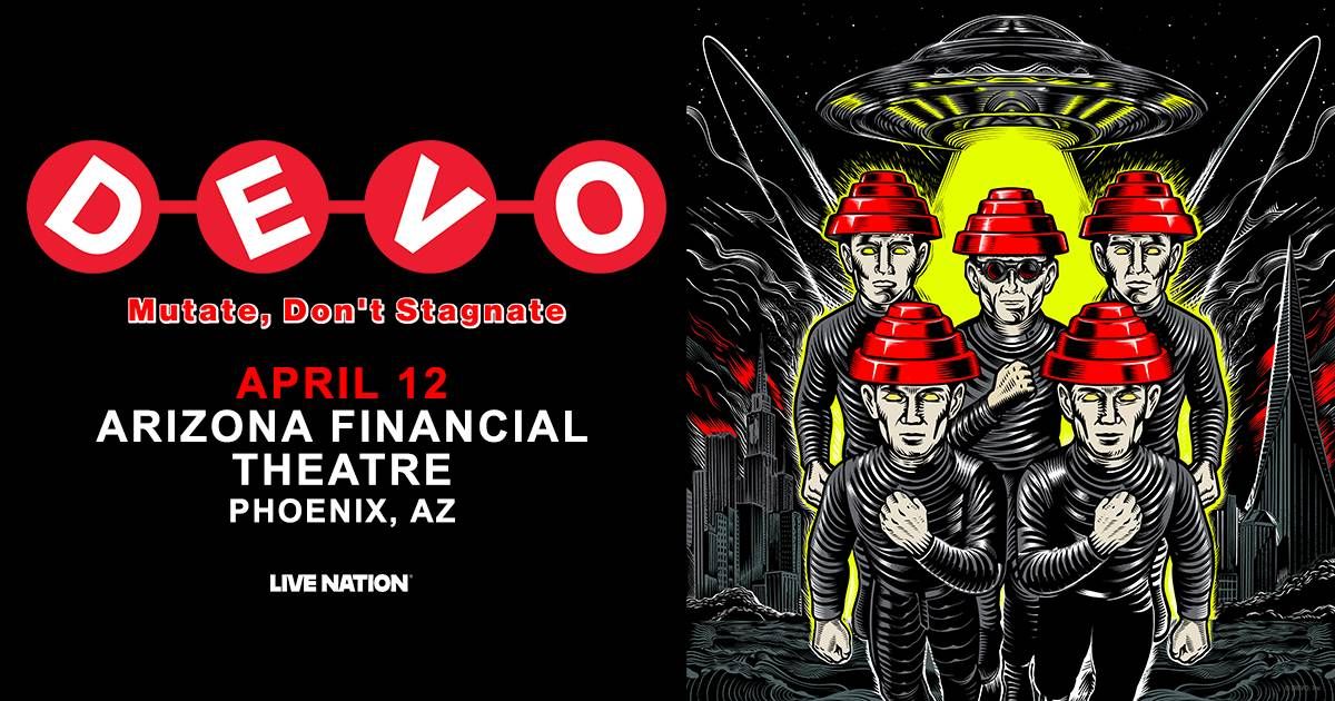 DEVO concert poster with red-hatted band members, UFO, and April 12 Phoenix concert info.