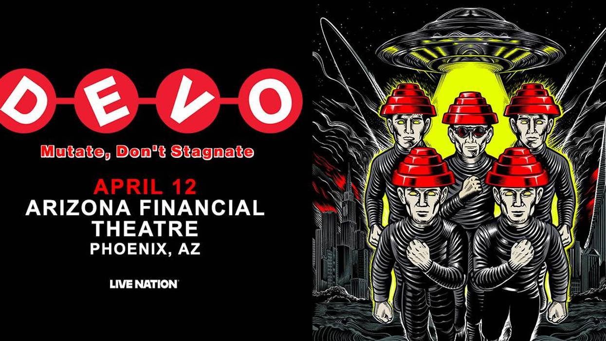 DEVO concert poster with red-hatted band members, UFO, and April 12 Phoenix concert info.