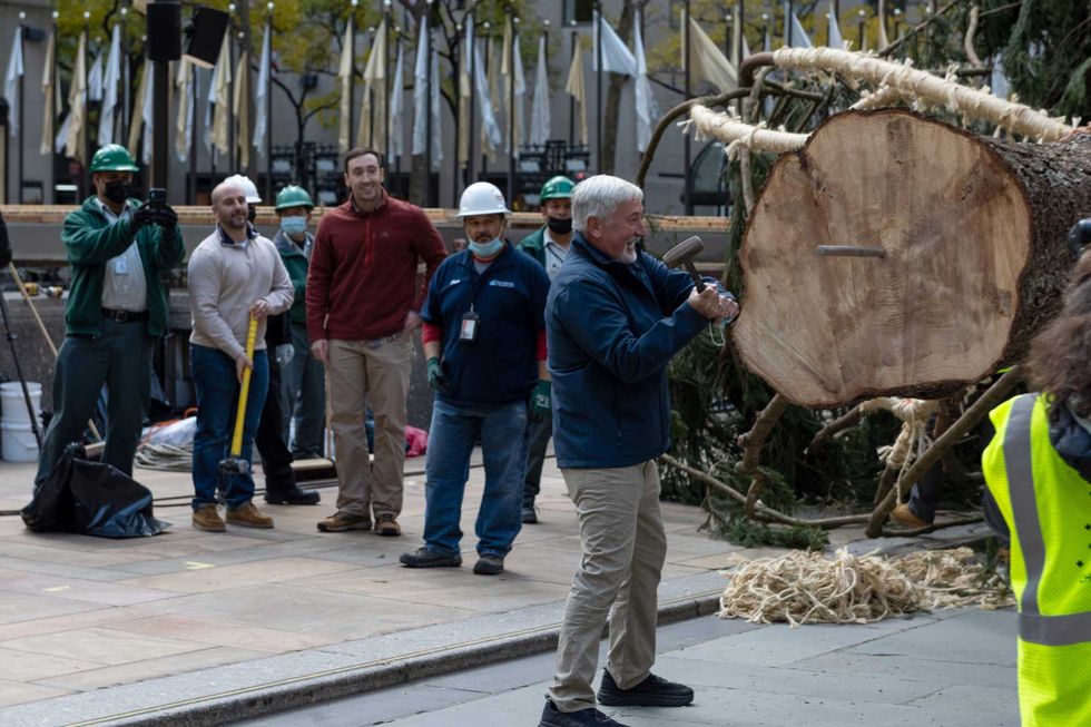Devon Price hammers the spike into The Rockefeller Center Christmas Tree before it is moved by a crane on November 13, 2021 in New York City. This year, for the first time the Norway Spruce tree was from Maryland. The tree is 79-feet tall, 46-feet in diameter, and weighs 12-tons.