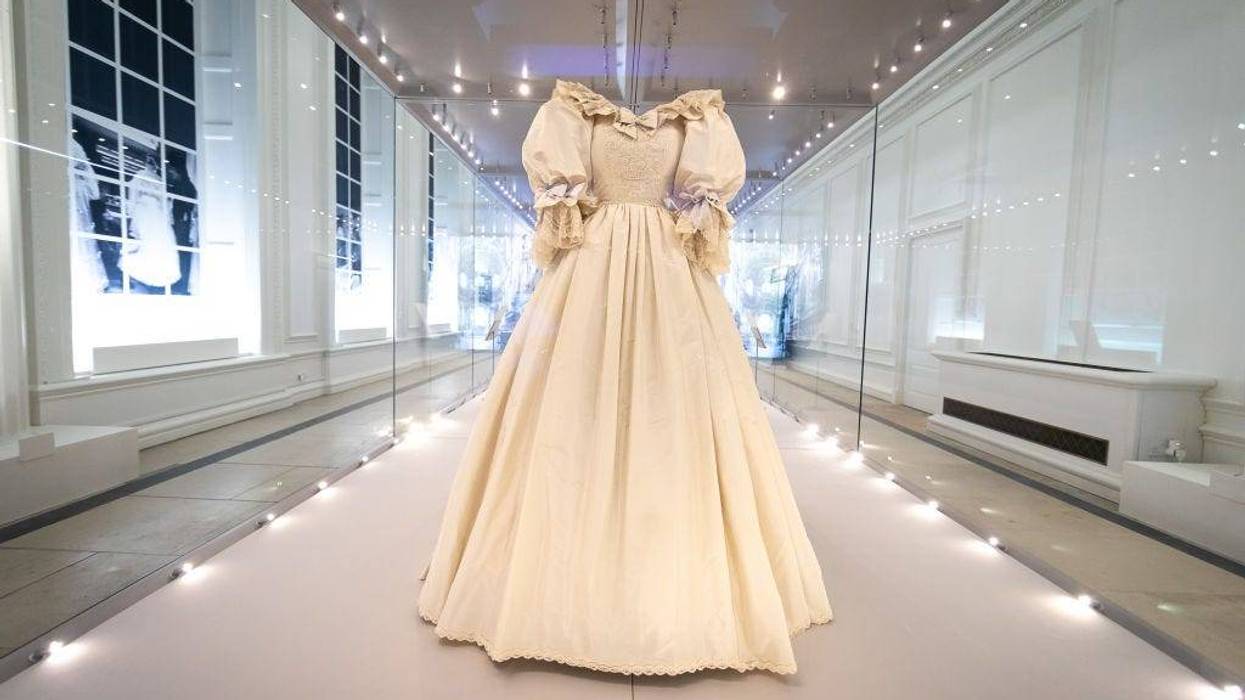 Diana, Princess of Wales’s wedding dress displayed complete with its spectacular sequin encrusted train during the "Royal Style In The Making" exhibition