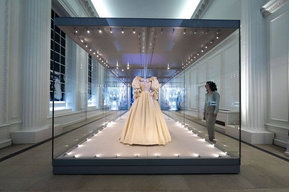 Diana, Princess of Wales’s wedding dress displayed complete with its spectacular sequin encrusted train during the "Royal Style In The Making" exhibition
