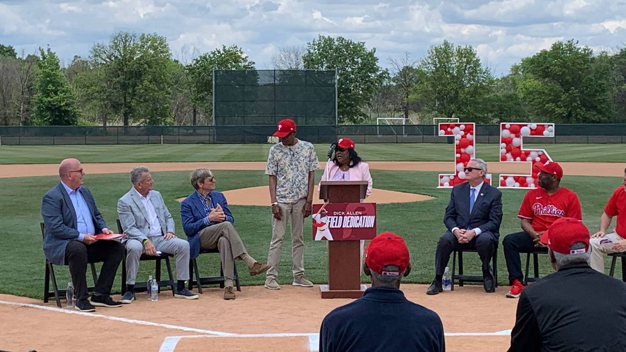 Dick Allen’s wife, Willa, speaks during the dedication of Dick Allen Field at FDR Park on Friday, June 9.