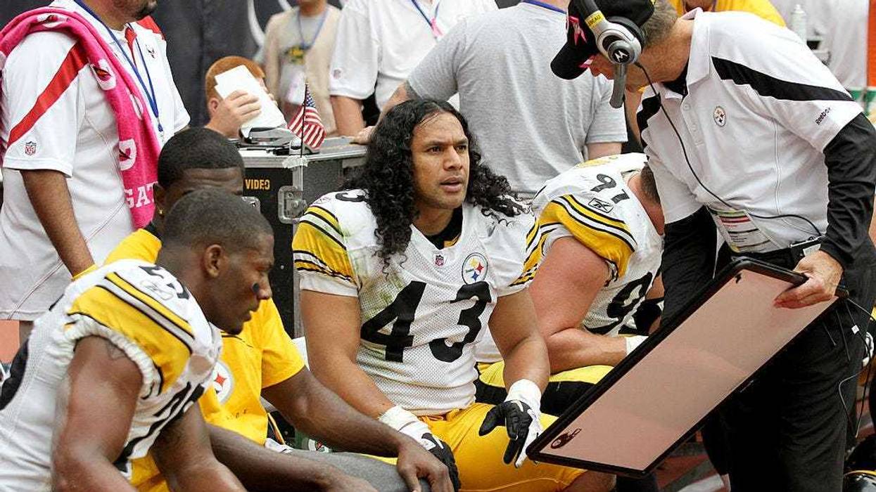 Dick LeBeau talks to Troy Polamalu during a game in 2011