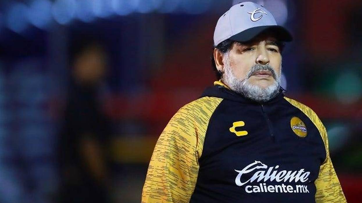 Diego Armando Maradona, coach of Dorados de Sinaloa gestures during the semifinal second leg match between Mineros and Dorados as part of the Playoffs Torneo Clasusura 2019 Ascenso MX at Estadio Carlos Vega Villalba on April 27, 2019 in Zacatecas, Mexico