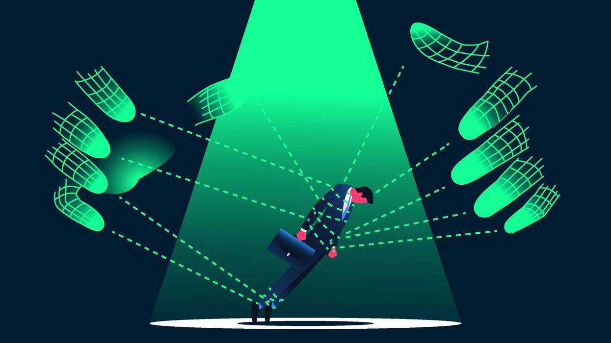 Digital hands manipulating by a man in the suit illustration