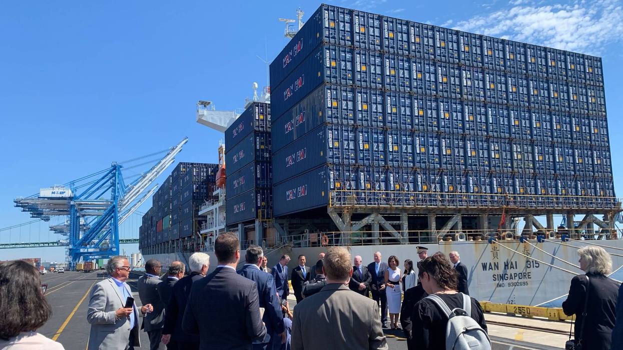 Dignitaries and leaders from Wan Hai Lines after the launch of the first direct maritime shipping service between Philadelphia and Asia.