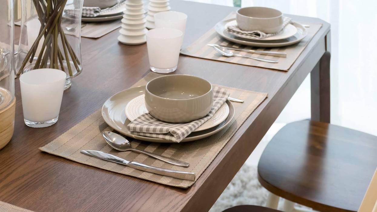 dining room interior with table set on wooden table