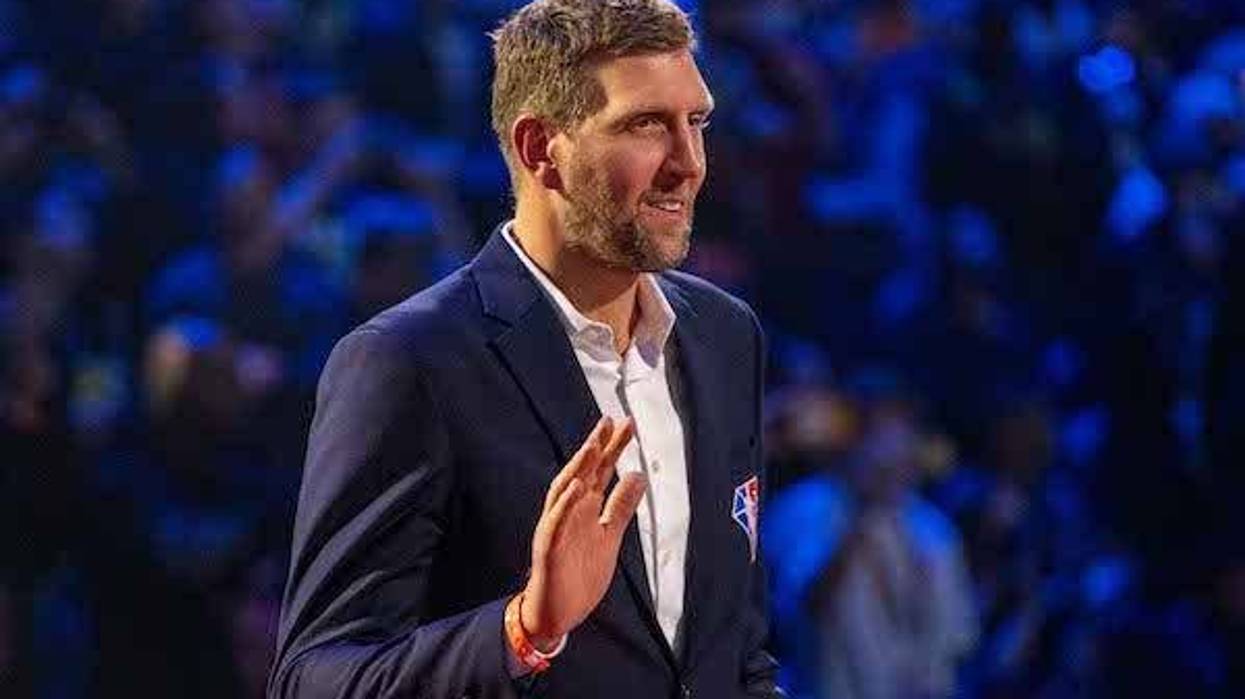 Dirk Nowitzki is honored for being selected to the NBA 75th Anniversary Team during halftime in the 2022 NBA All-Star Game