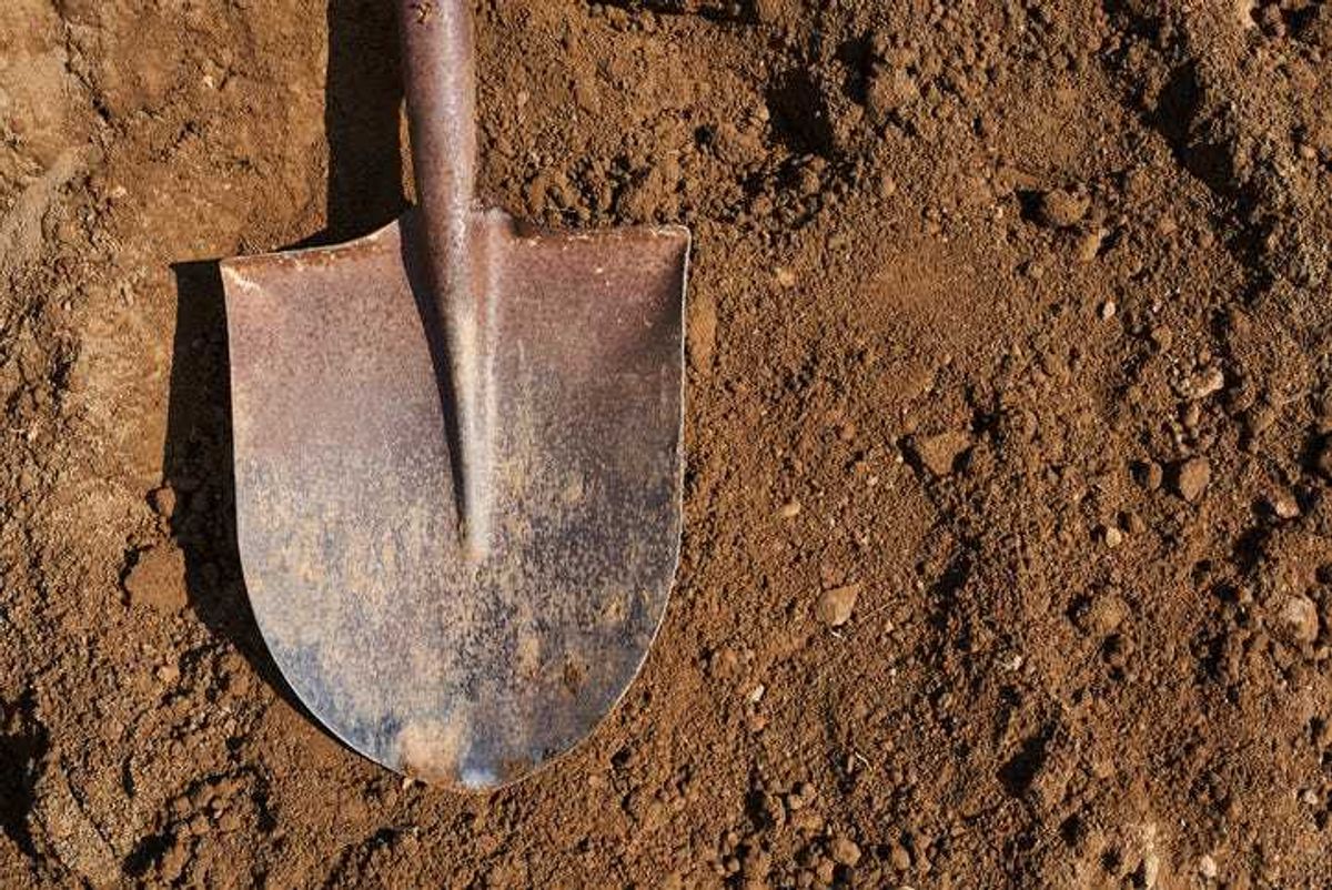Dirt and shovel in a freshly dug hole.