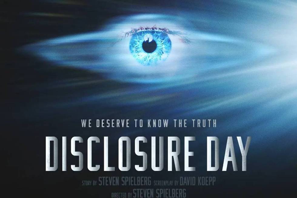 Disclosure Day movie poster featuring a luminous blue eye and the tagline 'We deserve to know the truth.'