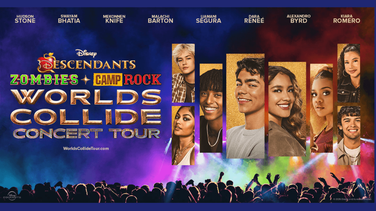 Disney Descendants, Zombies, Camp Rock Worlds Collide Concert Tour poster with cast photos.