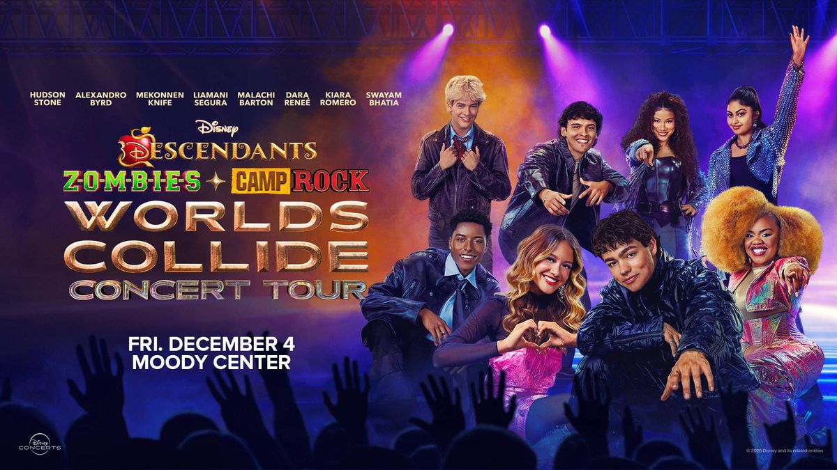 Disney Worlds Collide Concert Tour poster with Descendants, Zombies, Camp Rock cast on stage.