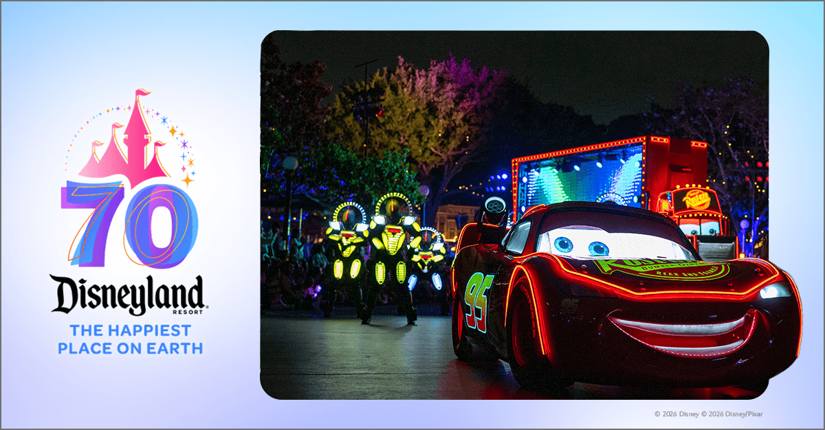 Disneyland 70th anniversary logo next to a night parade with Lightning McQueen & glowing characters.