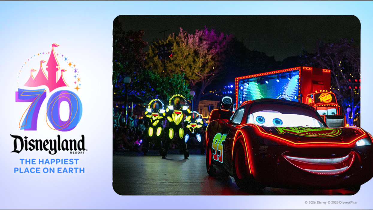Disneyland 70th anniversary logo next to a night parade with Lightning McQueen & glowing characters.