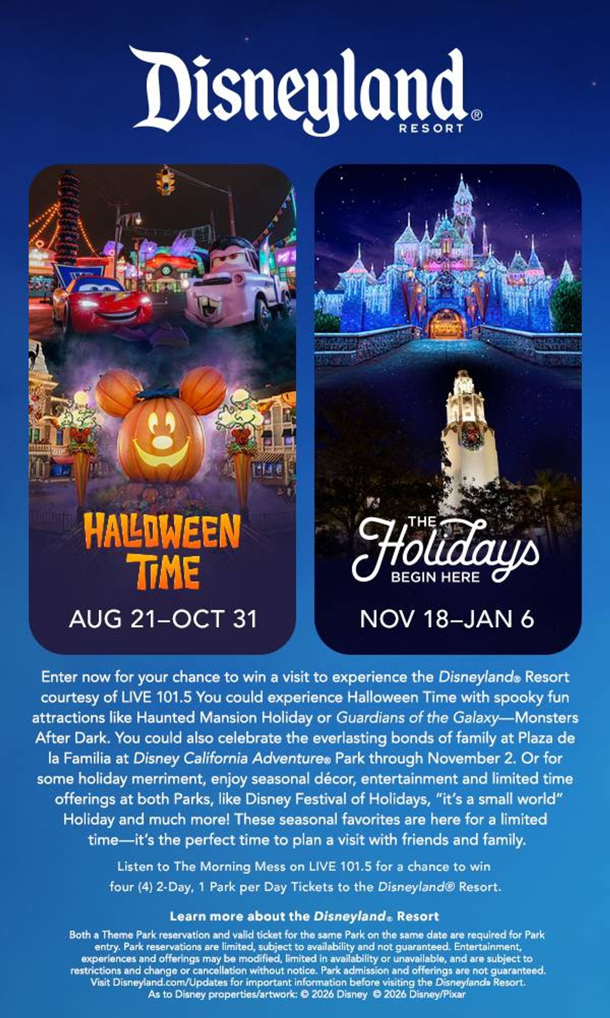 Disneyland for Halloween Time (Aug 21-Oct 31) & The Holidays (Nov 18-Jan 6), enter to win!