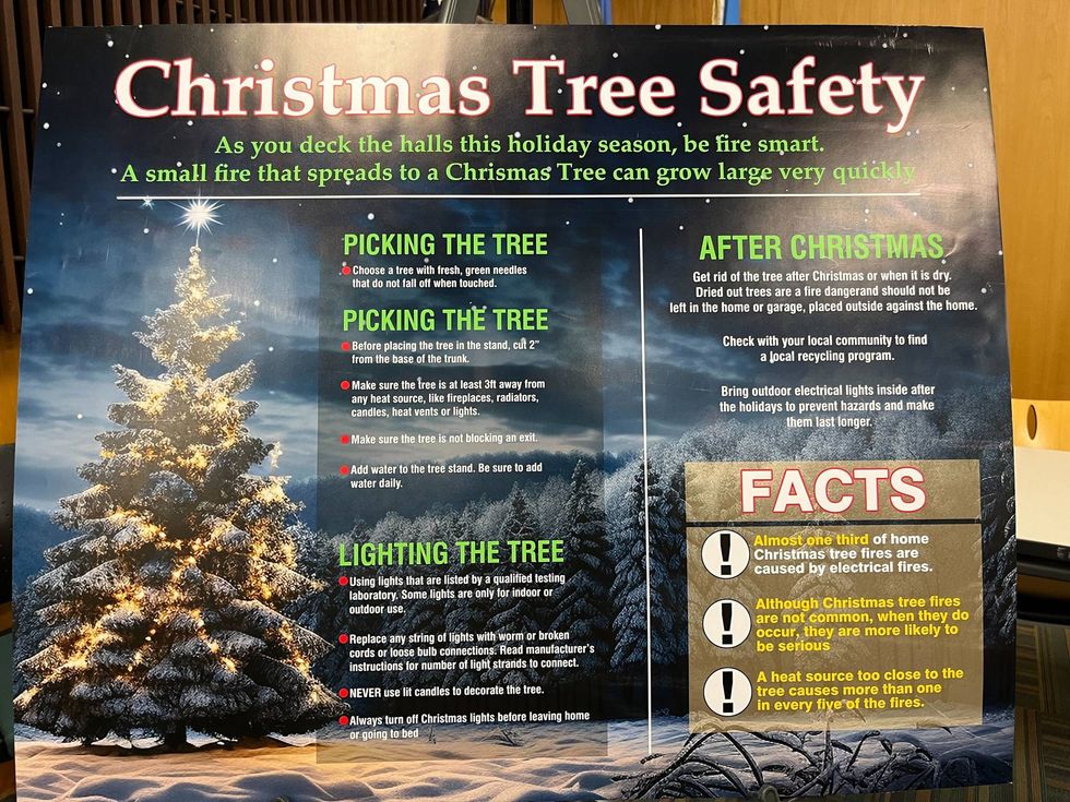 Display board with Christmas tree safety tips