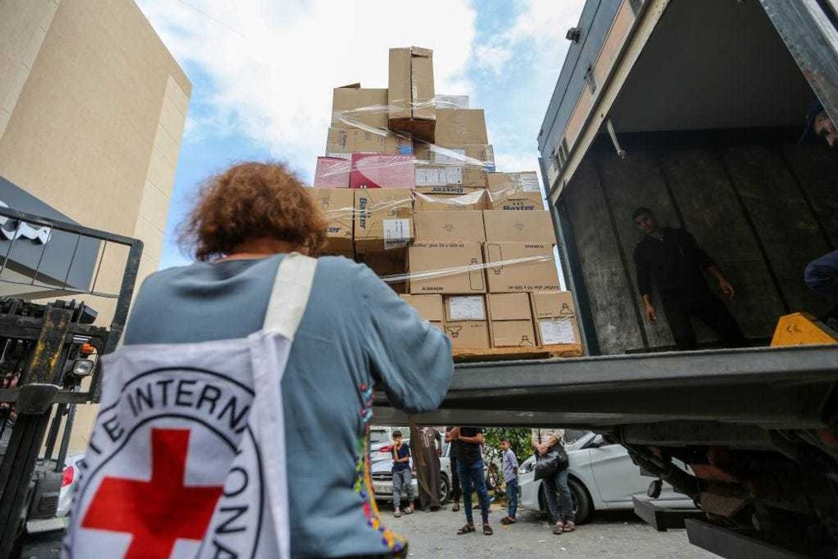 Distribution of medical aid and medicines to Nasser Medical Hospital in the city of Khan Yunis, south of the Gaza Strip, which recently arrived through the Rafah crossing on October 29, 2023 in Khan Yunis, Gaza.