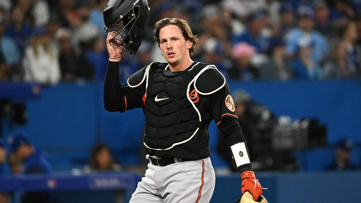 dley Rutschman (35) prepares for play to begin in the ninth inning against the Toronto Blue Jays at Rogers Centre.