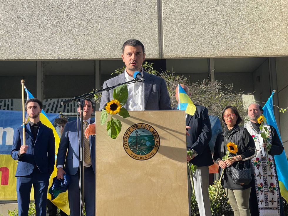 Dmytro Kushneruk, Consul General of Ukraine to San Francisco speaks at the demonstration on Sunday, March 20, 2022.
